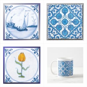 Blue and white kitchen and home decor faux tile art, restored from vintage Delft designs, or new, original patterns, of cornflowers, tulips, sailboats or abstracts on stickers, mugs, labels and more.